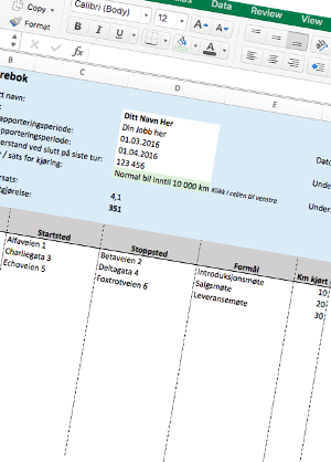 Kjøregodtgjørelse skjema excel